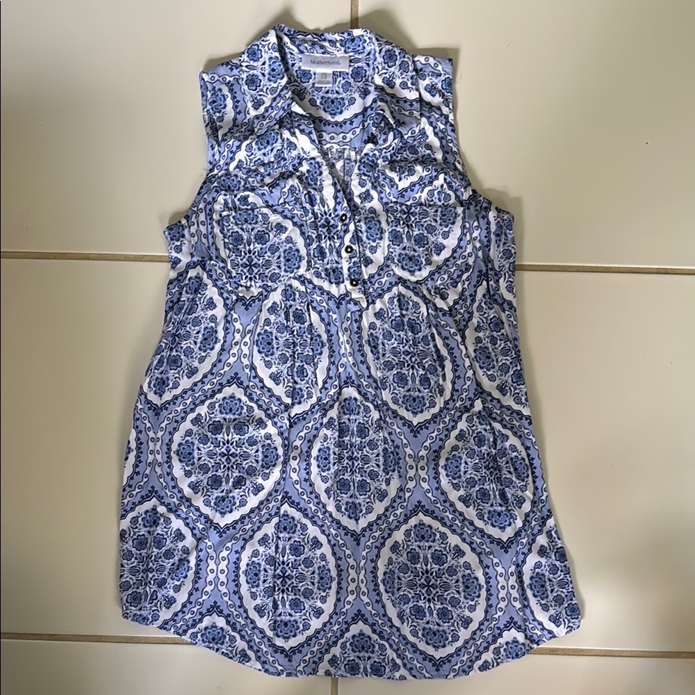Motherhood Maternity Blue and White Patterned Sleeveless Blouse Top Size Medium
